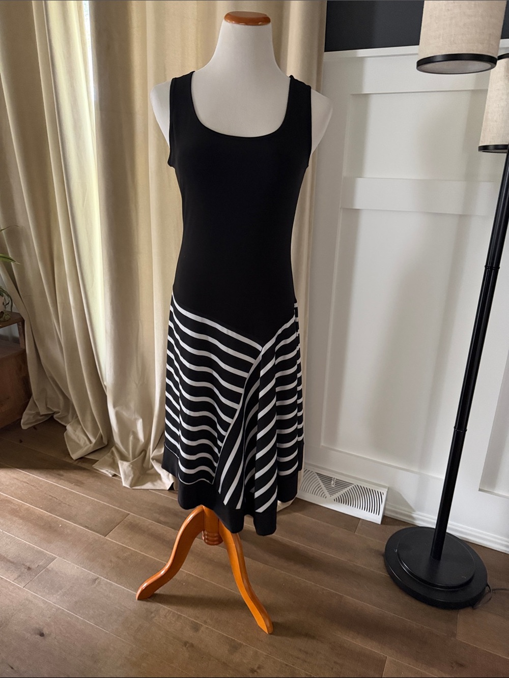 Sleeveless Asymmetrical Black and White Stripe Dress